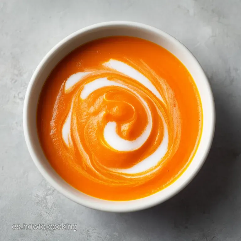 Elegant white ceramic bowl of vibrant orange soup with a swirl of cream and a pinch of cracked black pepper.