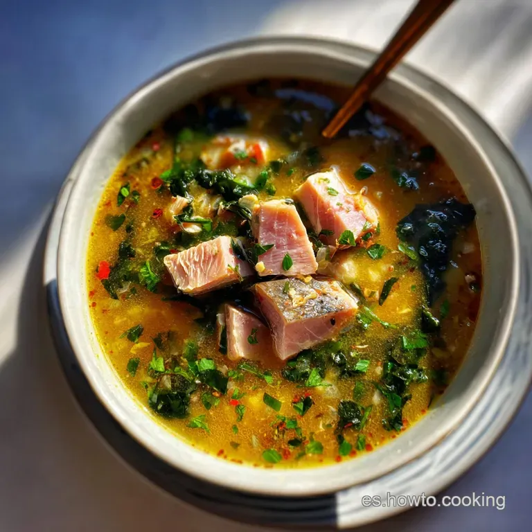 Steaming bowl of Basque marmitako, garnished with fresh parsley. The tuna looks flaky, surrounded by colorful vegetables i...