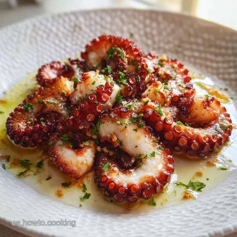 Elegant serving of sliced octopus drizzled with olive oil, atop thinly sliced potatoes, garnished with parsley sprigs.