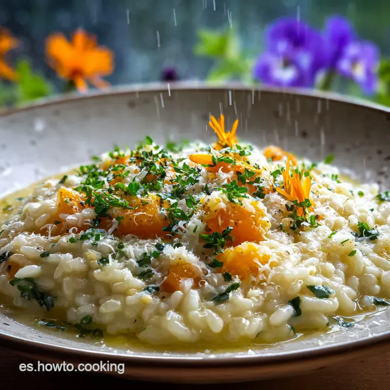 Elegant plate of creamy risotto topped with vibrant green herbs and a sprinkle of Parmesan cheese, reflecting light from a...