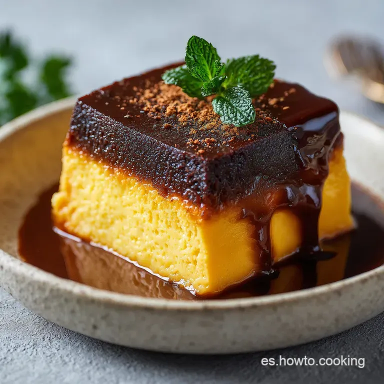 A slice of smooth chocoflan, showcasing distinct layers of custard and cake, drizzled with caramel.
