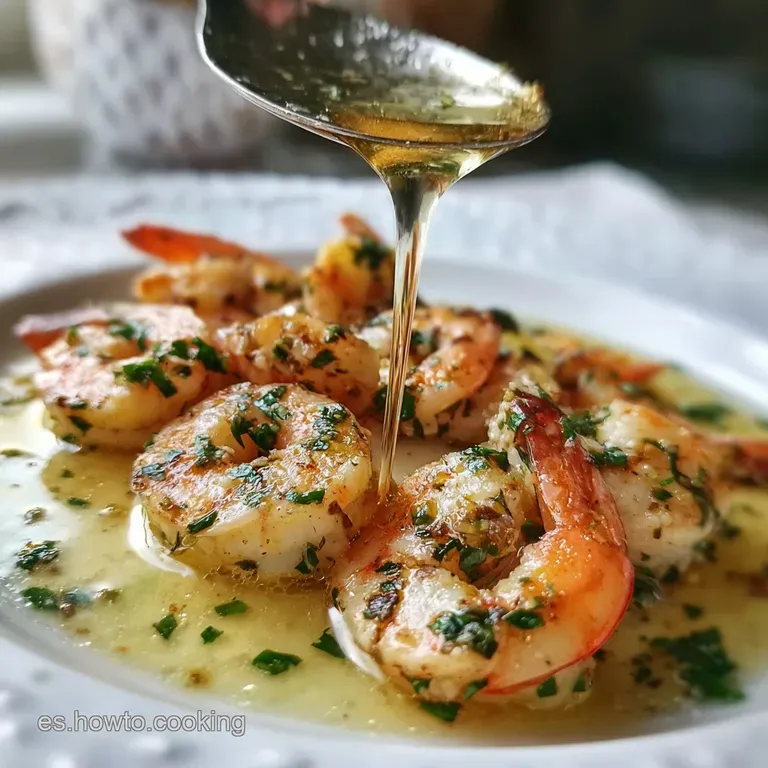 Glossy, plump shrimp bathed in glistening garlic-infused oil, artfully arranged on a white plate. Sprinkled with fresh her...