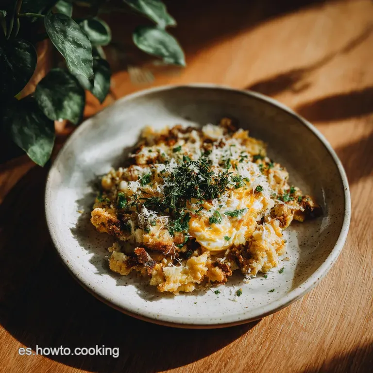 Plated migas, a mound of savory crumbs topped with a perfectly fried egg, bright peppers, and herbs. Simple, yet inviting ...