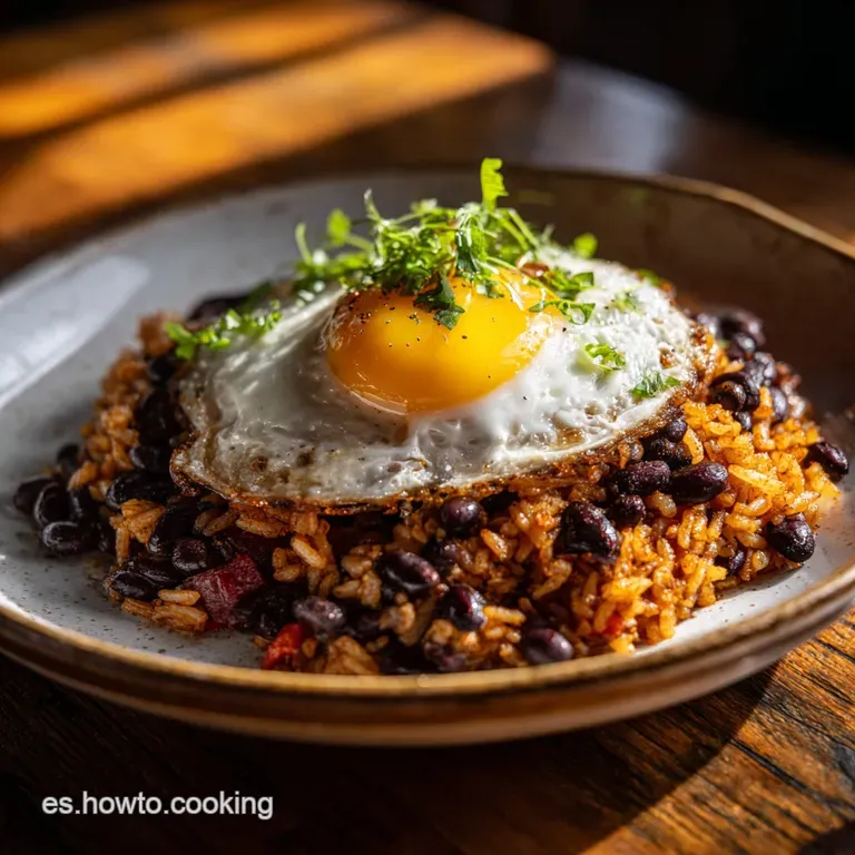 A swirl of golden migas topped with crispy pork and bright paprika, plated artfully against a dark backdrop.