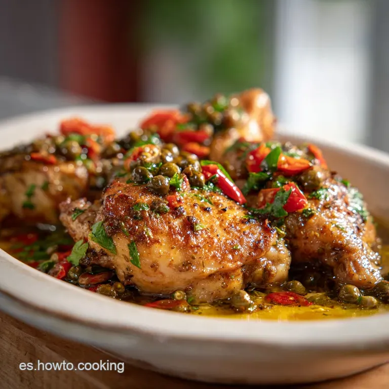 Glossy, tender chicken in rich, red pepper sauce, artfully plated with crusty bread, showcasing a refined take on this dish.