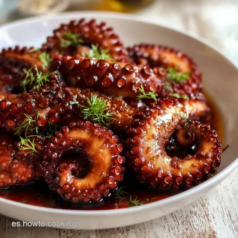 Elegant Pulpo a la Gallega presentation; tender octopus slices glistening with oil, sprinkled with vibrant paprika.