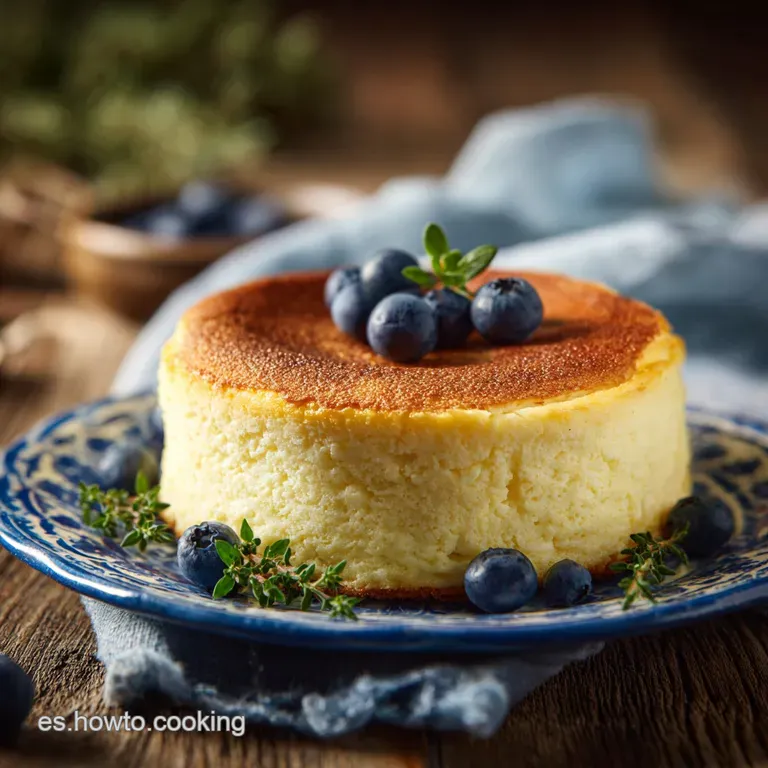 Slice of creamy, golden Quesada Pasiega on a white plate, paired with fresh berries and a dusting of powdered sugar.