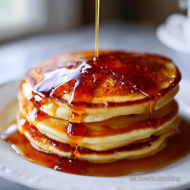 Perfectly round pancakes stacked high, drizzled with warm syrup, adorned with whipped cream and colorful fresh fruit. Invi...