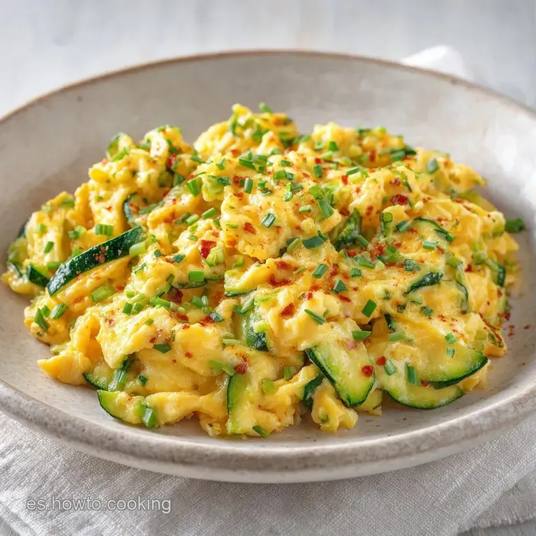 Mont&oacute;n aireado de revuelto cremoso amarillo con calabac&iacute;n verde, servido en plato blanco con un toque de perejil fresco.