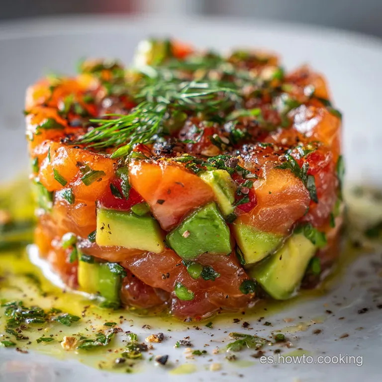 Salmon tartar elegantly plated with avocado, hints of green onion, glistening under a bright light. A sophisticated and mo...