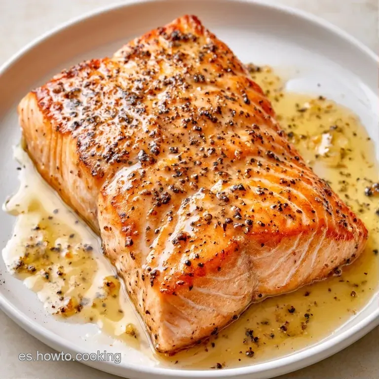 Salmón dorado colocado con cuidado sobre puré cremoso, decorado con gotas de salsa cítrica y brotes verdes finos.