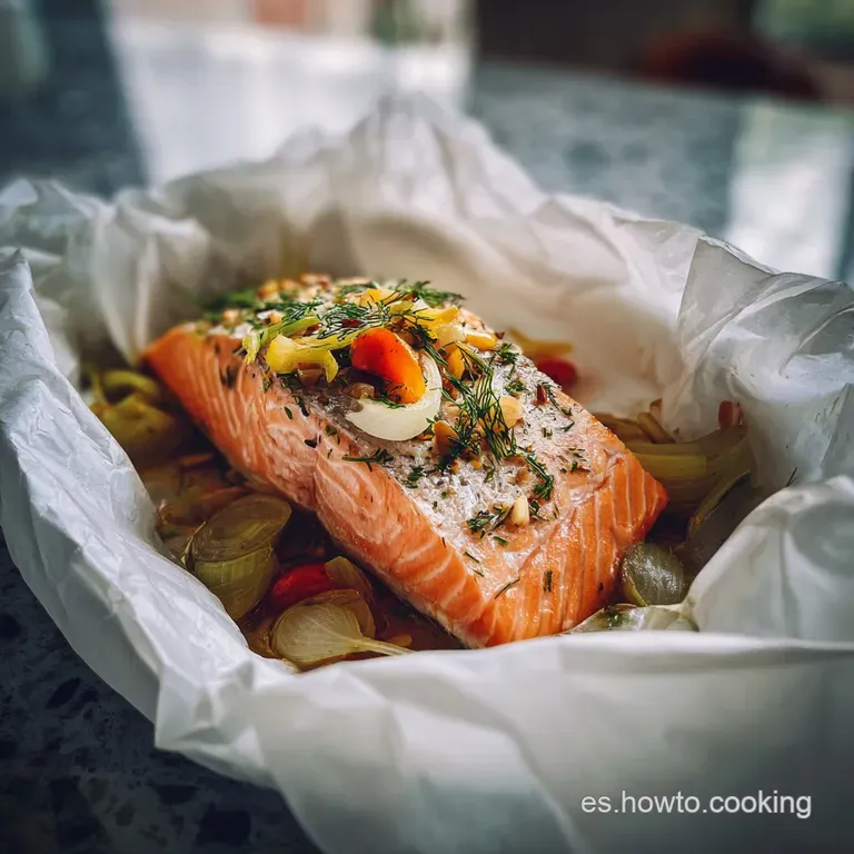 Steaming salmon fillet atop vibrant, mixed vegetables. The parchment paper unfolds elegantly on a white plate, releasing s...