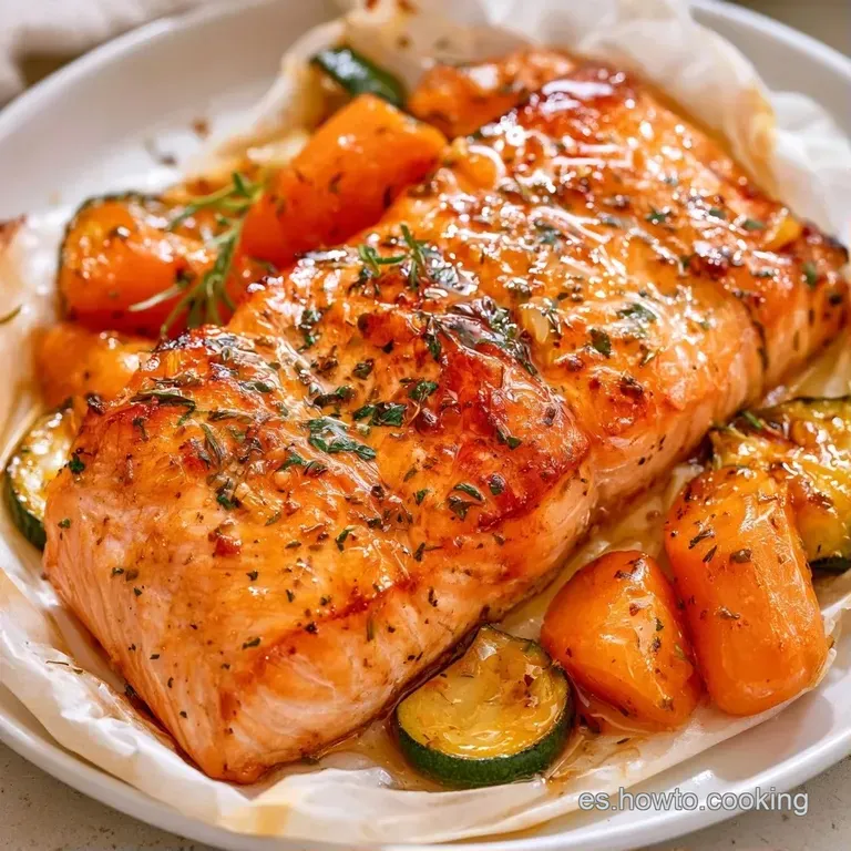 Filete de salmón brillante adornado con rodajas de limón amarillo y espárragos verdes sobre un plato blanco limpio.