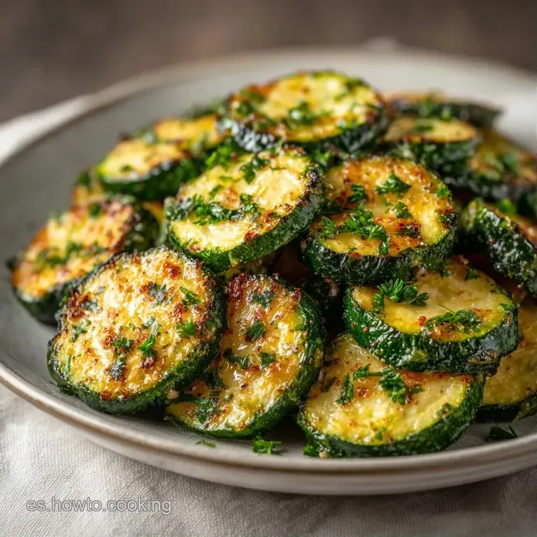 Calabacines tiernos y brillantes dispuestos en plato cer&aacute;mico, adornados con hierbas frescas y un toque de aceite oliva.