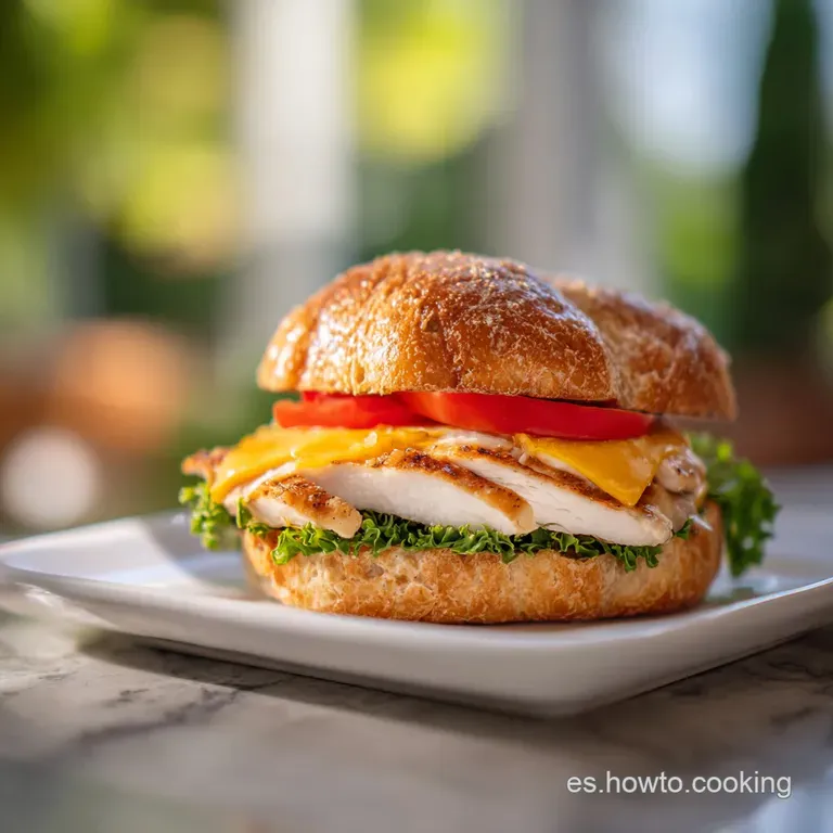 A creamy chicken salad sandwich, cut in half, shows its fillings. Fresh lettuce and creamy, shredded chicken contrast on c...