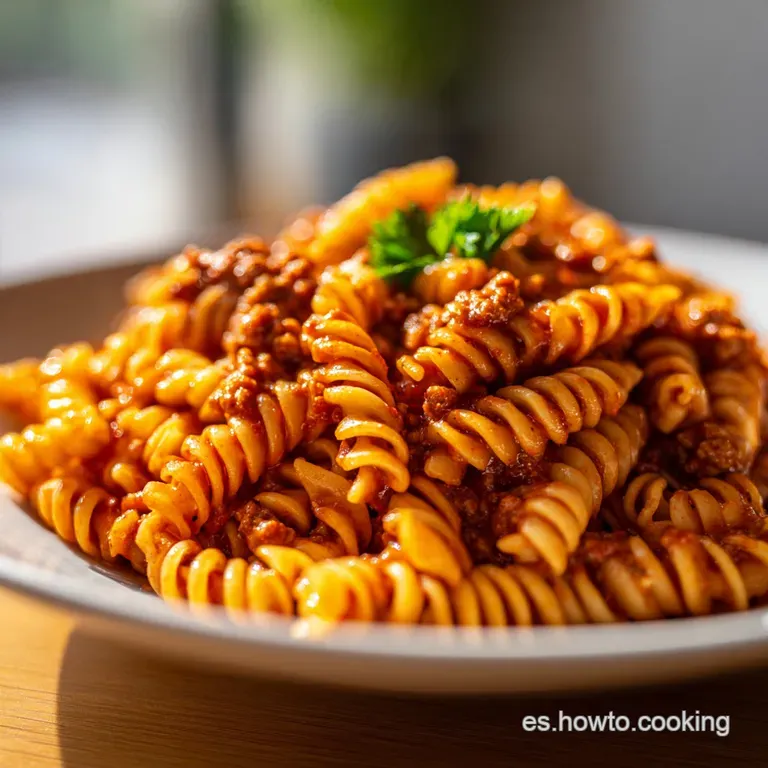 A single, artfully twirled serving of soy bolognese-coated pasta, garnished with a fresh basil leaf and parmesan.