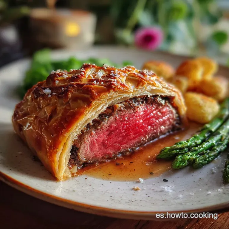 Sliced Wellington on white plate, rosy rare beef contrasting the golden crust, earthy mushrooms & parsley garnish complete...