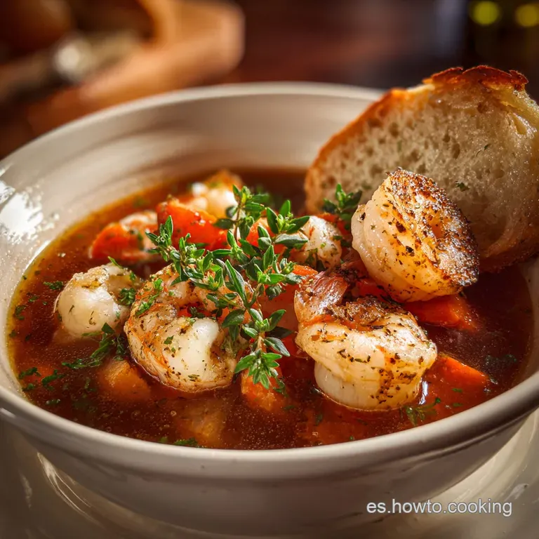 An artfully arranged bowl of seafood stew, garnished with fresh parsley and a swirl of aioli.