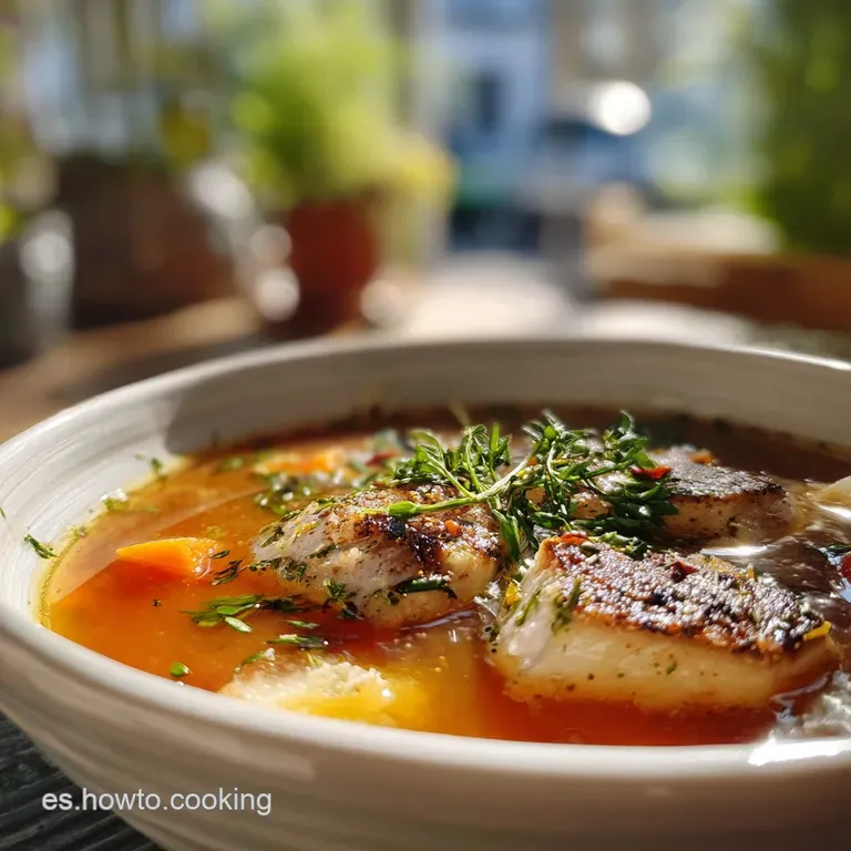 Elegant white bowl showcasing a velvety, golden soup with chunks of fish and colorful vegetables. Garnished with a cilantr...