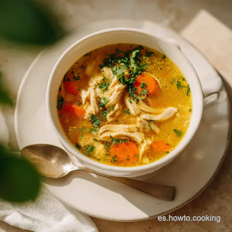 A steaming bowl of golden chicken soup, brimming with noodles and vegetables, garnished with parsley.