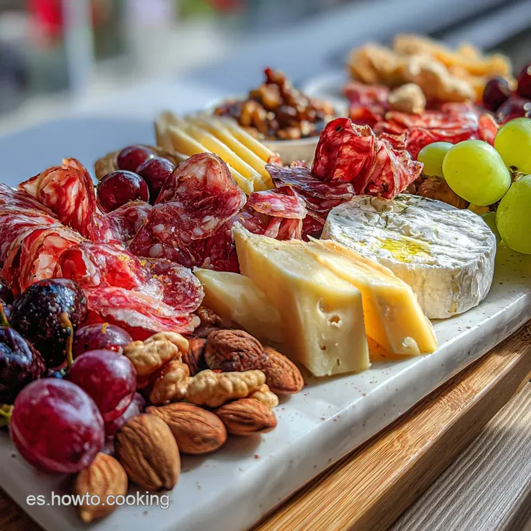 Artfully arranged charcuterie board: creamy cheeses, sliced prosciutto, bright pickles and crusty bread create a tempting ...
