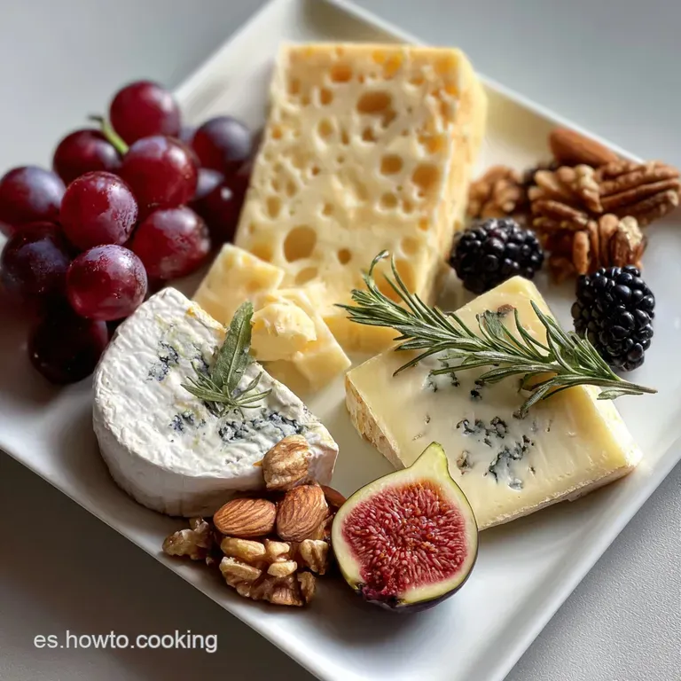 Elegant cheese board featuring a variety of cheeses, salami, grapes, figs, and crusty bread artfully arranged on a wooden ...