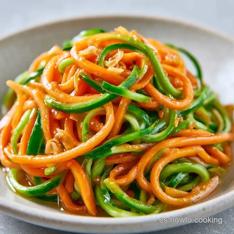 Nidos de verduras en espiral, verdes y anaranjadas, dispuestas con cuidado sobre un plato blanco minimalista y limpio.