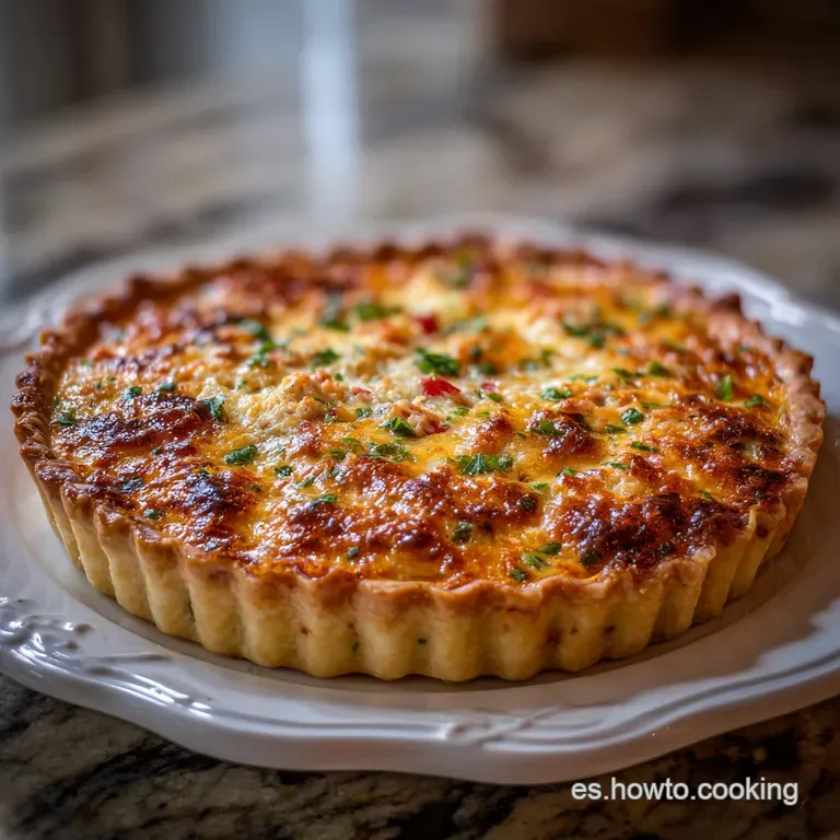 Slice of tuna tart on white plate. Crisp crust, vibrant filling with red peppers and green olives. Fresh parsley garnish.