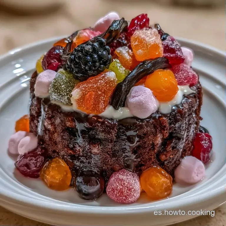 Porci&oacute;n de tarta colorida en plato blanco, con capas cremosas y gominolas brillantes que decoran la superficie.