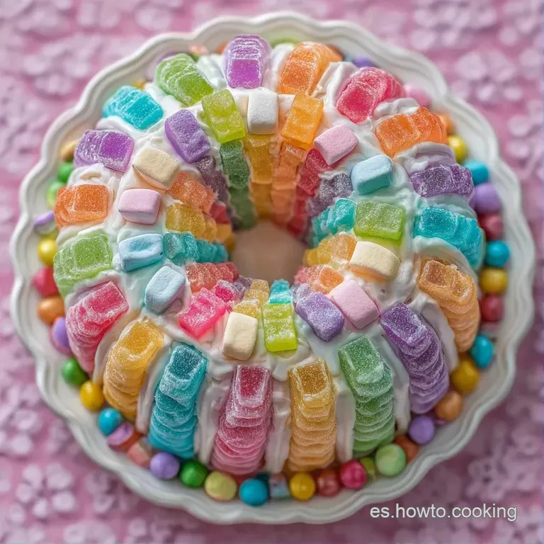 Porci&oacute;n de tarta con capas de dulces brillantes y coloridos sobre un plato blanco, destacando su textura gomosa.