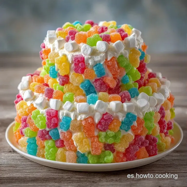 Tarta de dulces colorida sobre un plato blanco, resaltando el contraste entre texturas gelatinosas y nubes suaves.