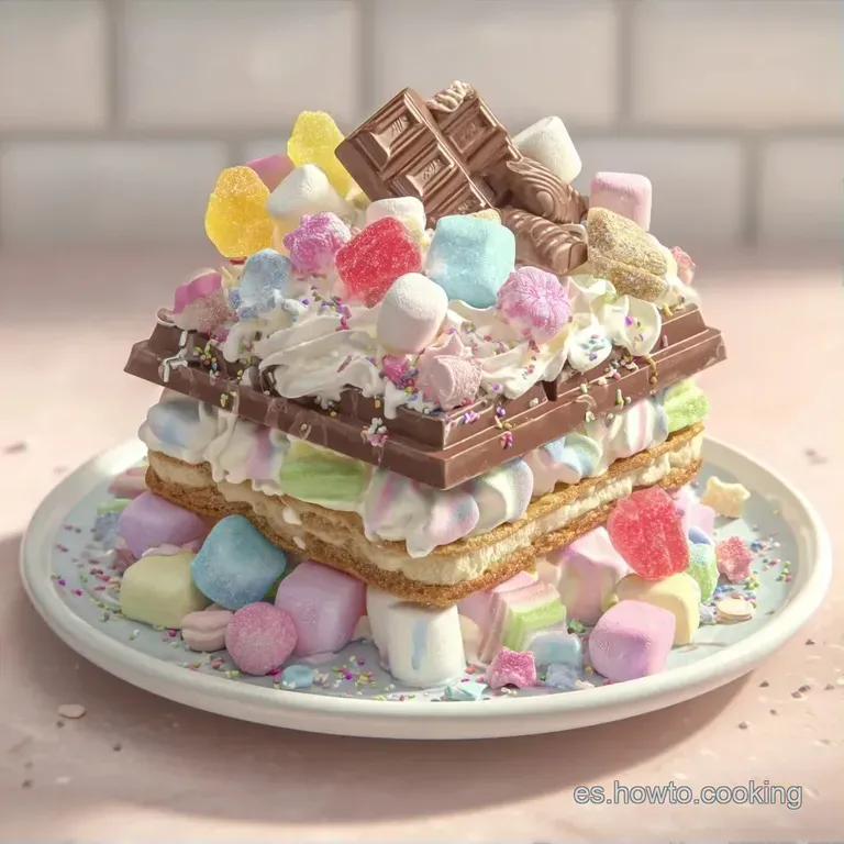 Porci&oacute;n triangular de tarta dulce con capas de colores vibrantes, decorada con nubes esponjosas y az&uacute;car glas fino.