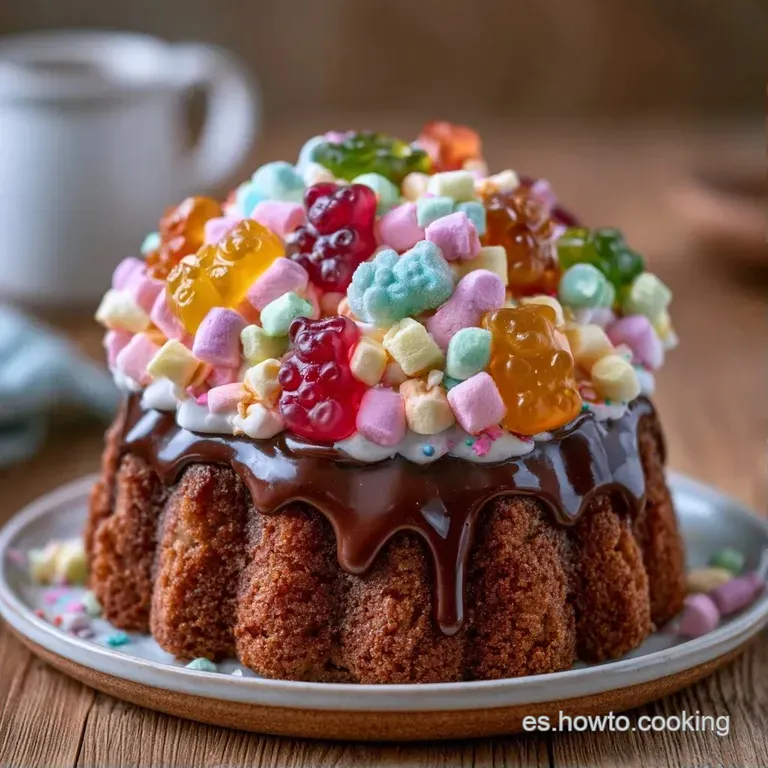 Porci&oacute;n de tarta cremosa sobre plato blanco, decorada con gomitas transl&uacute;cidas y coloridas que resaltan su textura.