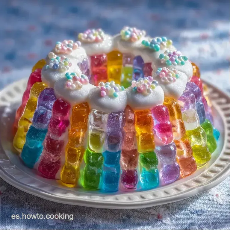 Porci&oacute;n triangular de bizcocho esponjoso adornada con dulces multicolores sobre un plato de cer&aacute;mica blanca lisa.