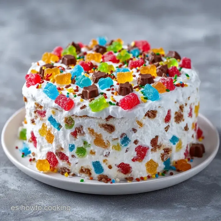 Porci&oacute;n de tarta dulce en plato blanco, resaltando el contraste de gominolas brillantes y nubes suaves y claras.