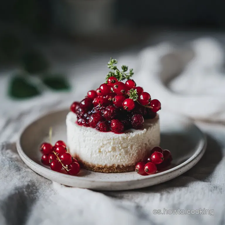 Elegant slice of cheesecake with bright red berry topping on a white plate. Garnished with mint sprig and a dusting of pow...
