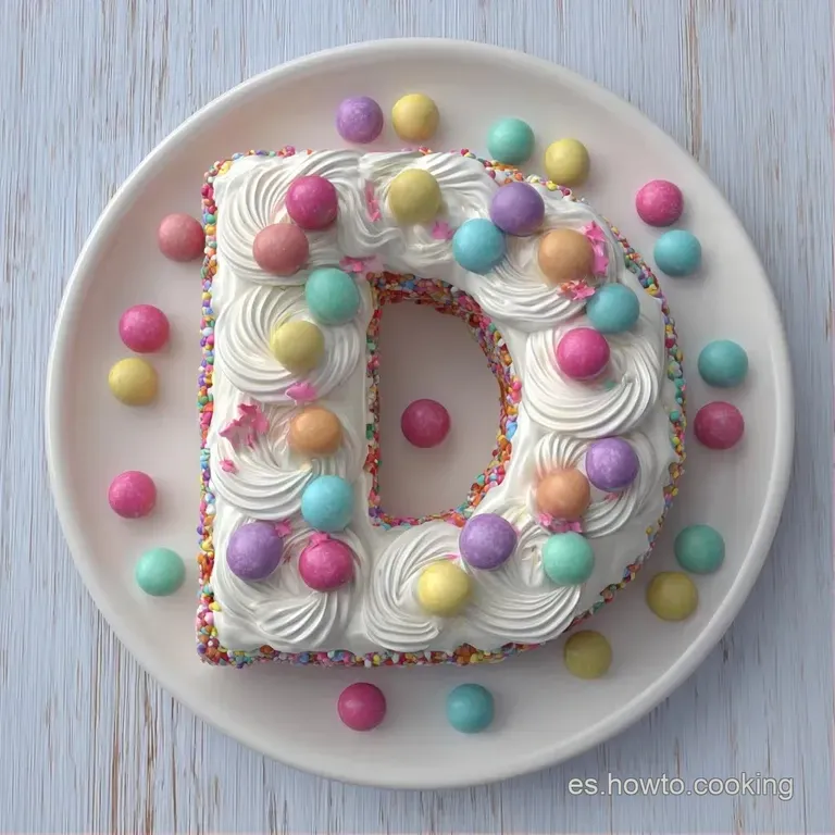 Capas de bizcocho suave adornadas con dulces coloridos y crema batida, dispuestas con precisi&oacute;n en un plato blanco.