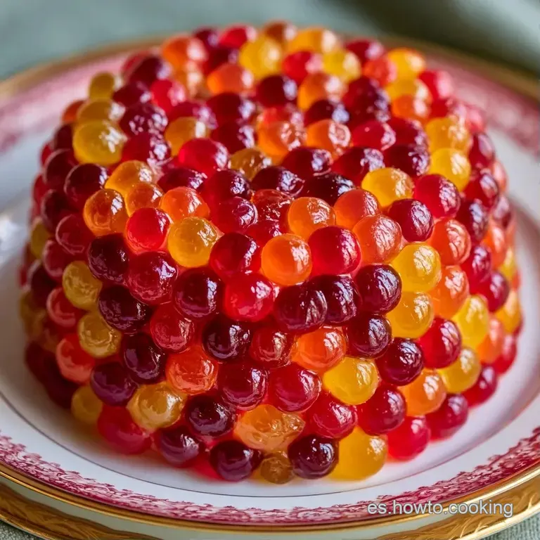 Porci&oacute;n de tarta cremosa sobre plato blanco, adornada con dulces multicolores y texturas gelatinosas y brillantes.