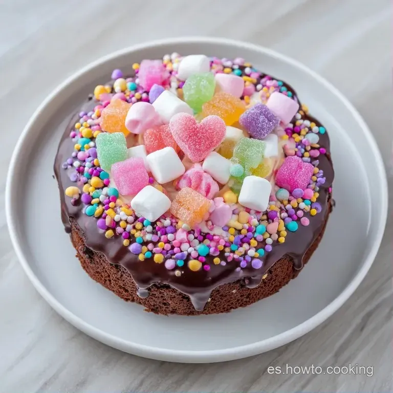 Porci&oacute;n de tarta con capas claras, adornada con dulces brillantes y coloridos sobre un plato blanco minimalista.