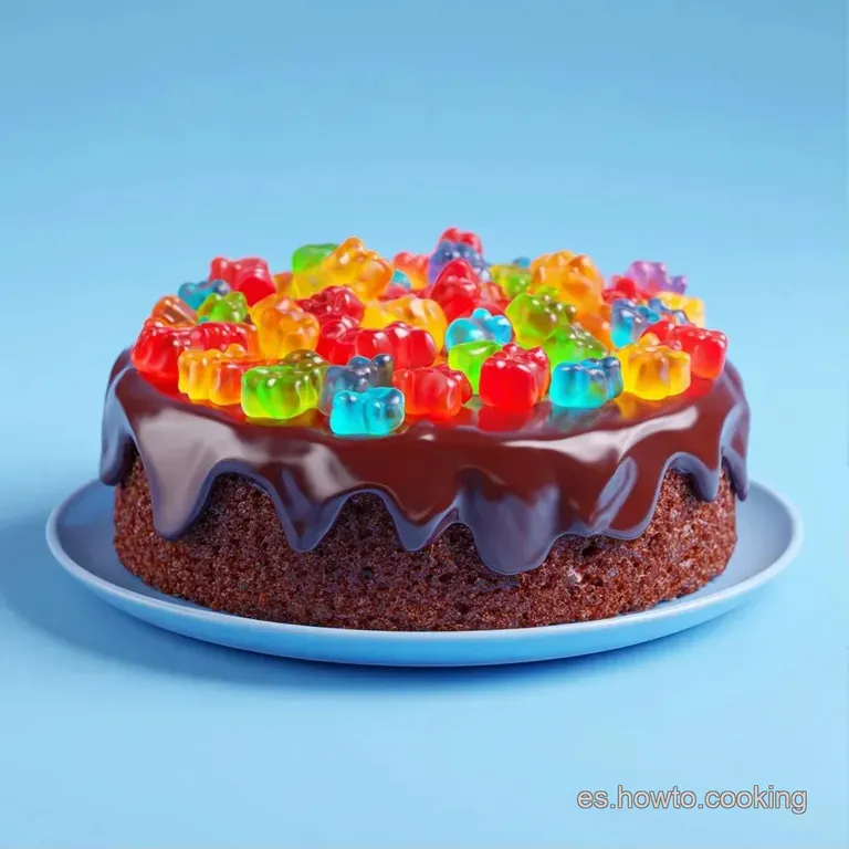 Porci&oacute;n de bizcocho esponjoso sobre plato blanco, decorada con caramelos gomosos multicolores y nata suave.
