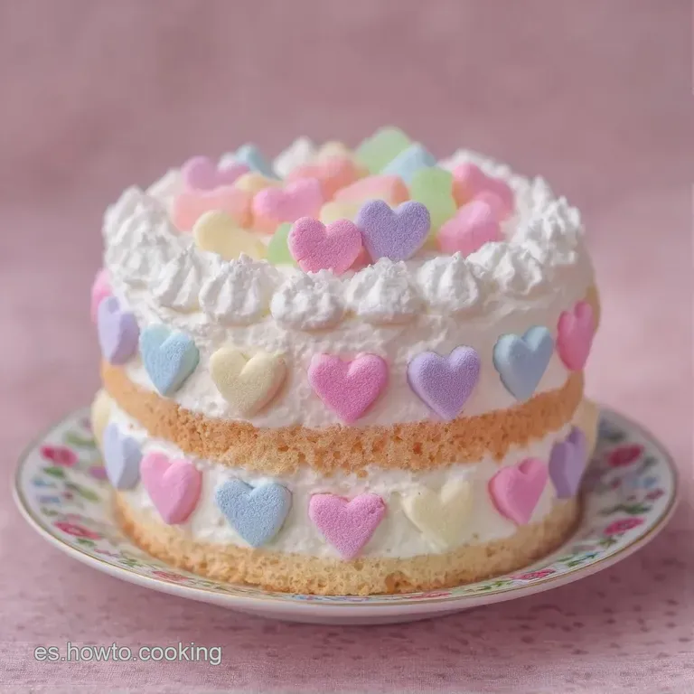 Pastel circular decorado con dulces transl&uacute;cidos y crema suave en tonos rosados, presentado elegantemente en un plato.
