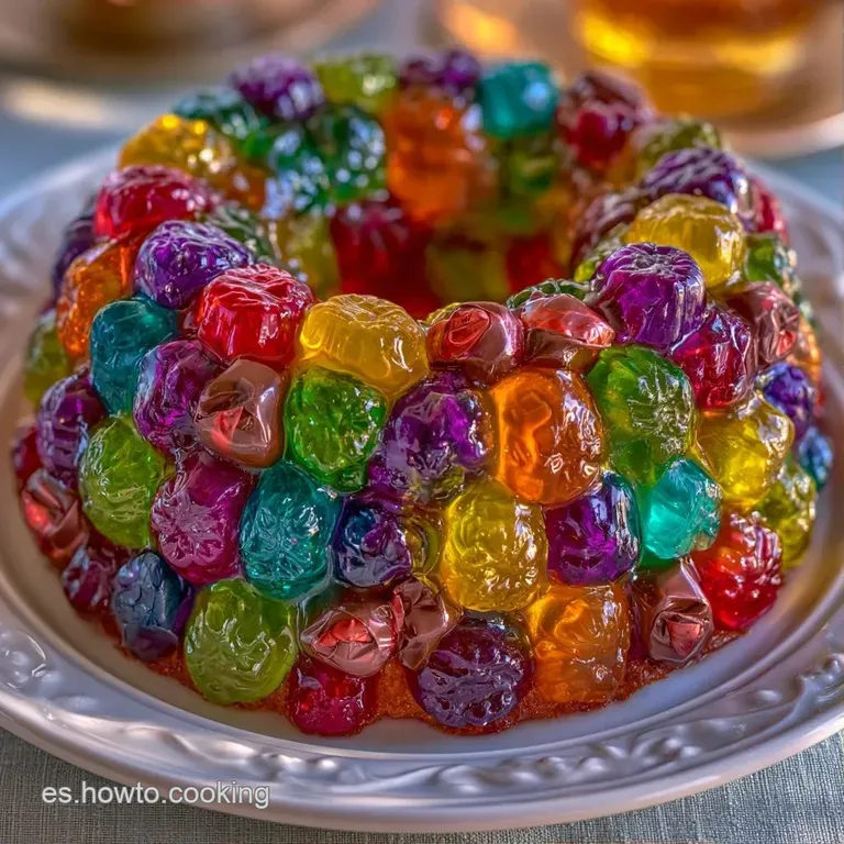 Pastel festivo adornado con dulces gelatinosos brillantes sobre una fuente blanca, con colores vivos y luz natural.