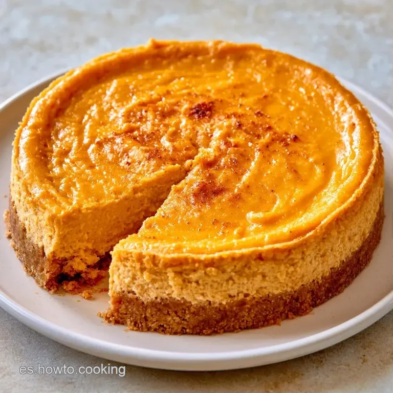 Trozo de tarta naranja suave en plato blanco, coronado con nata montada blanca y una pizca de canela molida.