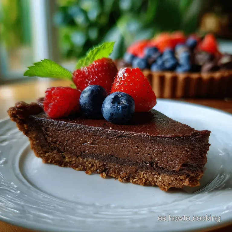 Slice of chilled chocolate torte on a white plate. The layers show a smooth, luscious texture, topped with cocoa dusting.