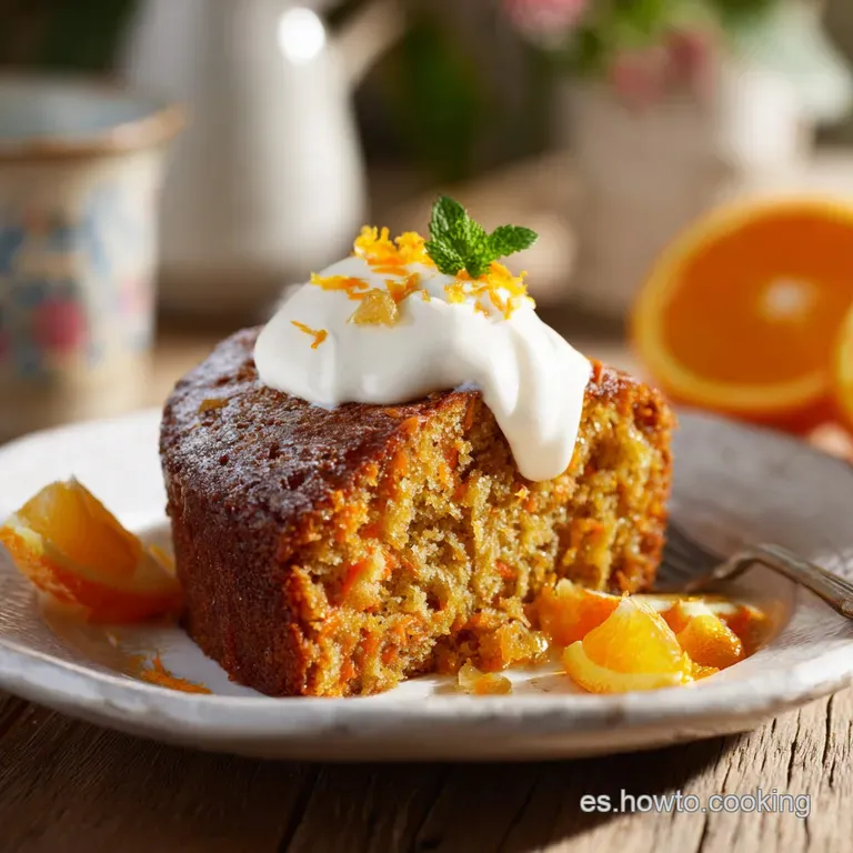 Slice of moist carrot cake with a swirl of orange-infused frosting and a bright candied orange peel garnish on a clean whi...