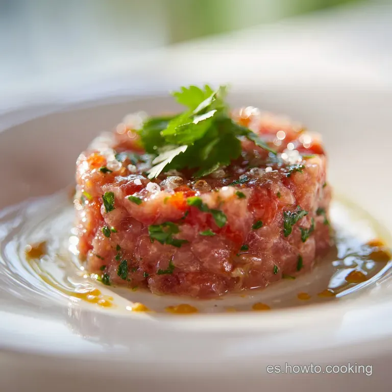 Neat mound of fuet tartare on a plate, garnished with vibrant herbs and a drizzle of olive oil, showcasing fresh, bright f...