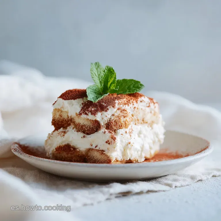 A delicate slice of yogurt tiramis&uacute; revealing soft, airy layers, artfully arranged with a light cocoa dusting.