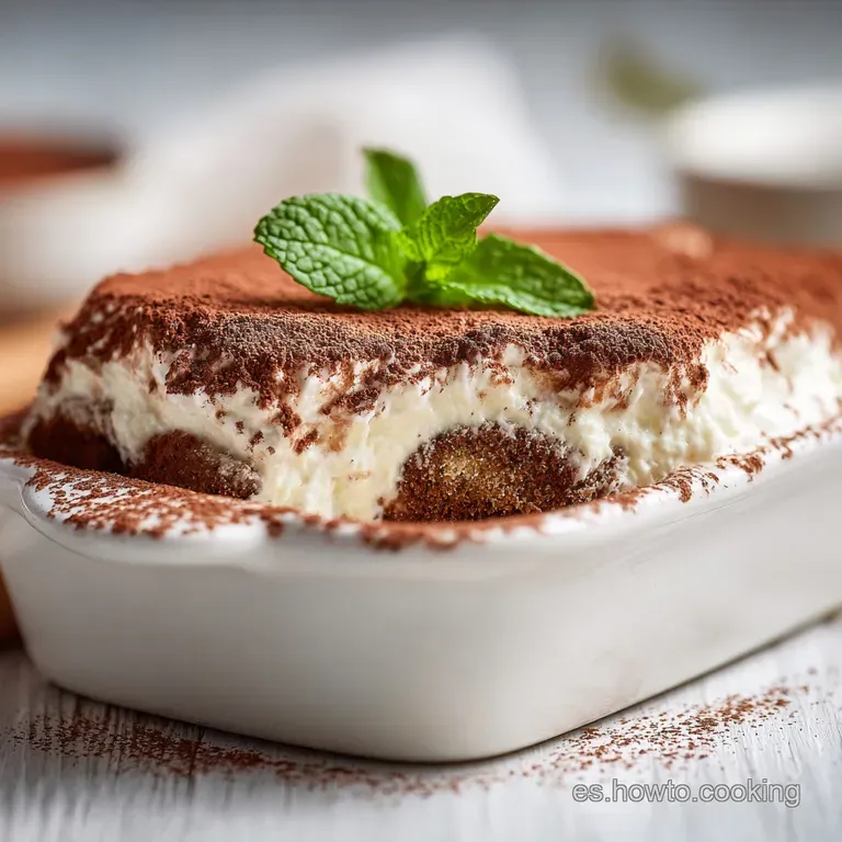 An elegant slice of tiramisu on a white plate, adorned with a swirl of whipped cream and chocolate shavings.