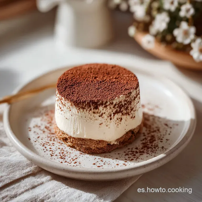 A perfect slice of tiramisu on a white plate, showing delicate layers and a cocoa dusting.