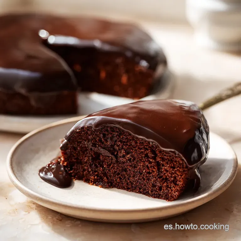 Rebanada de pastel de chocolate oscuro y textura densa en plato blanco, adornada con frutos rojos y crema batida suave.